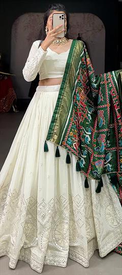 Festive, Mehendi Sangeet, Reception White and Off White color Lehenga in Georgette fabric with Flared Mirror, Resham, Thread work : 1899263