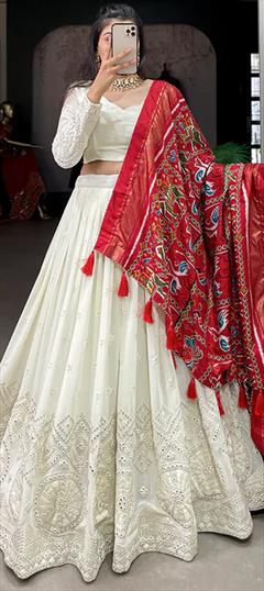 Festive, Mehendi Sangeet, Reception White and Off White color Lehenga in Georgette fabric with Flared Mirror, Resham, Thread work : 1899268
