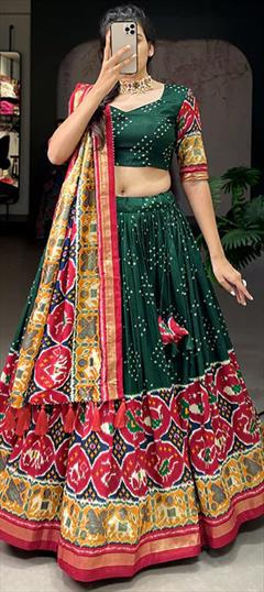 Festive, Navratri, Party Wear Green color Lehenga in Tussar Silk fabric with Flared Printed work : 1899274