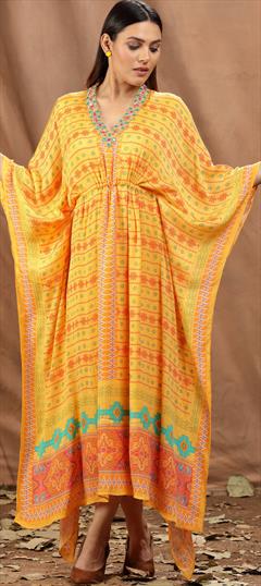 Casual Yellow color Kaftan in Art Silk fabric with Embroidered, Mirror, Sequence, Thread work : 1899336