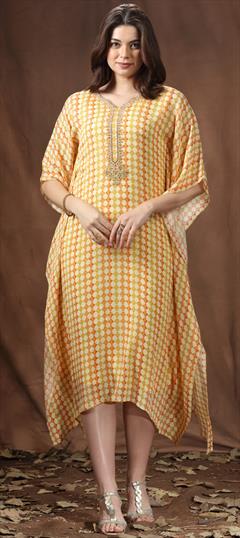 Casual Yellow color Kaftan in Georgette fabric with Bugle Beads, Cut Dana, Printed, Sequence, Thread work : 1899340