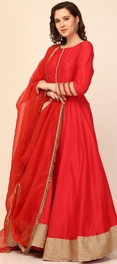 Festive, Mehendi Sangeet, Reception Red and Maroon color Salwar Kameez in Art Silk fabric with Anarkali Border, Lace, Patch work : 1899378