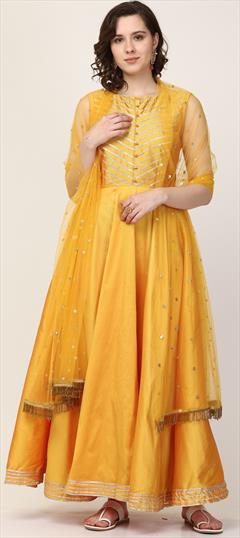 Festive, Mehendi Sangeet, Reception Yellow color Salwar Kameez in Art Silk fabric with Anarkali Gota Patti, Lace work : 1899383