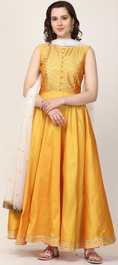 Festive, Mehendi Sangeet, Reception Yellow color Salwar Kameez in Art Silk fabric with Anarkali Gota Patti, Lace work : 1899385