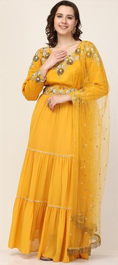Festive, Mehendi Sangeet, Reception Yellow color Salwar Kameez in Art Silk, Georgette fabric with Anarkali Embroidered, Zari work : 1899387