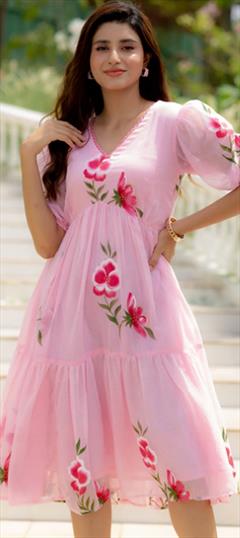 Festive Pink and Majenta color Kurti in Art Silk fabric with Anarkali Digital Print, Floral work : 1899475