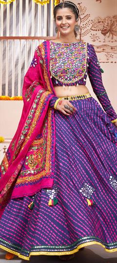 Festive, Navratri Blue color Ready to Wear Lehenga in Rayon fabric with Flared Embroidered, Patch, Printed, Resham, Thread work : 1899476