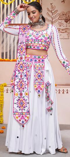 Festive, Navratri White and Off White color Ready to Wear Lehenga in Rayon fabric with Flared Embroidered, Mirror, Resham, Thread work : 1899477