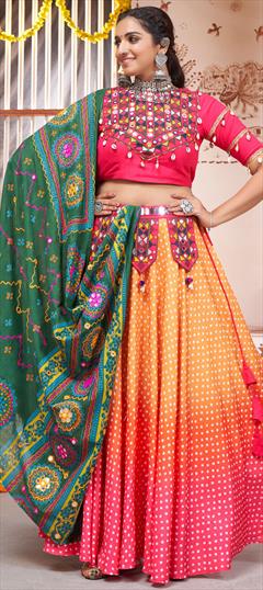 Festive, Navratri Yellow color Ready to Wear Lehenga in Rayon fabric with Flared Bandhej, Embroidered, Patch, Printed, Resham, Thread work : 1899478