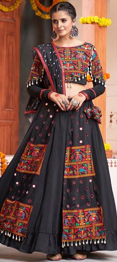 Festive, Navratri Black and Grey color Ready to Wear Lehenga in Rayon fabric with Flared Embroidered, Mirror, Resham, Thread work : 1899481