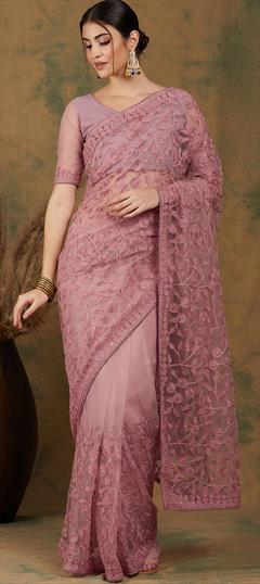 Festive, Reception Pink and Majenta color Saree in Net fabric with Classic Embroidered, Resham, Stone, Thread work : 1899533