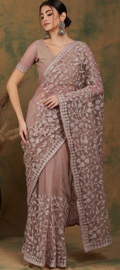 Festive, Reception Beige and Brown color Saree in Net fabric with Classic Embroidered, Resham, Stone, Thread work : 1899535
