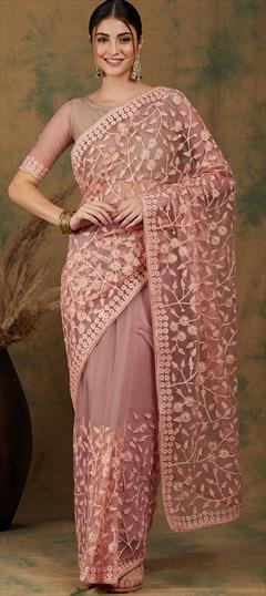 Festive, Reception Pink and Majenta color Saree in Net fabric with Classic Embroidered, Resham, Stone, Thread work : 1899536