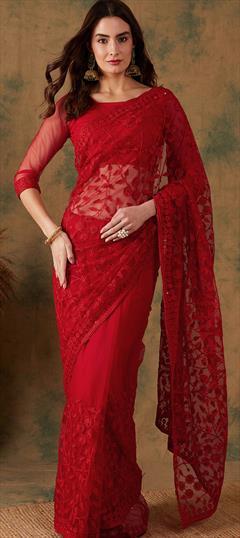 Festive, Reception Red and Maroon color Saree in Net fabric with Classic Embroidered, Resham, Stone, Thread work : 1899540