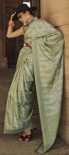 Festive, Traditional Green color Saree in Satin Silk fabric with South Weaving work : 1899562