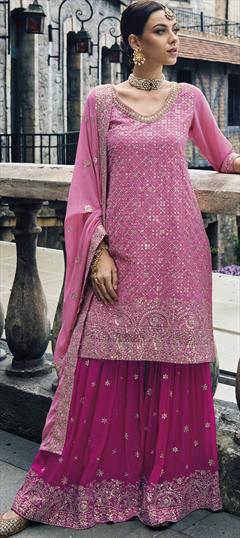 Engagement, Reception, Wedding Pink and Majenta color Salwar Kameez in Faux Georgette fabric with Palazzo, Straight Sequence, Thread work : 1899566
