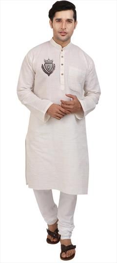 Party Wear White and Off White color Kurta Pyjamas in Cotton fabric with Embroidered, Thread work : 1899601