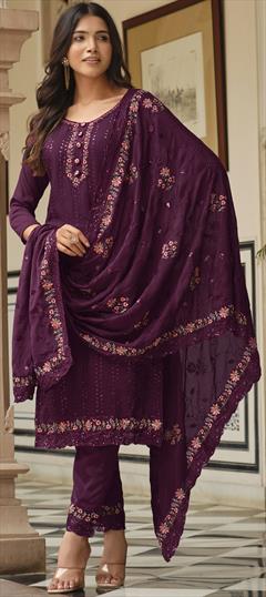 Festive, Party Wear, Reception Purple and Violet color Salwar Kameez in Art Silk fabric with Straight Embroidered, Resham, Sequence, Thread work : 1899602