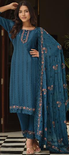 Festive, Party Wear, Reception Blue color Salwar Kameez in Art Silk fabric with Straight Embroidered, Resham, Sequence, Thread work : 1899605
