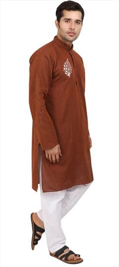 Party Wear Beige and Brown color Kurta Pyjamas in Cotton fabric with Embroidered, Thread work : 1899607