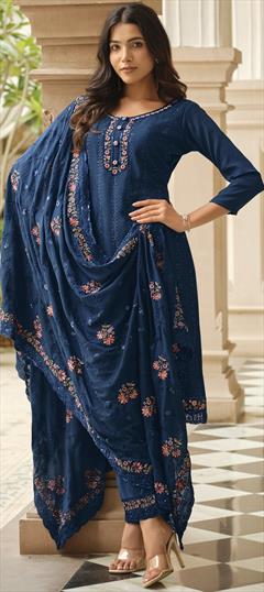 Festive, Party Wear, Reception Blue color Salwar Kameez in Art Silk fabric with Straight Embroidered, Resham, Sequence, Thread work : 1899630