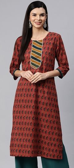 Casual, Summer Red and Maroon color Kurti in Cotton fabric with Long Sleeve, Straight Floral, Gota Patti, Printed work : 1899645