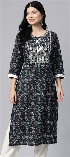 Festive, Summer Blue color Kurti in Cotton fabric with Long Sleeve, Straight Bandhej, Embroidered, Printed, Thread work : 1899653