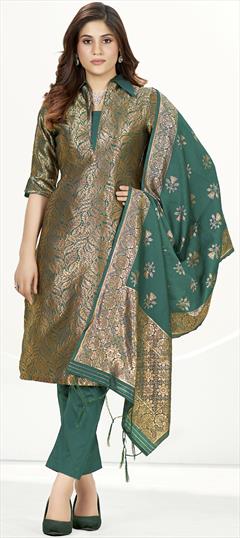 Party Wear Green color Salwar Kameez in Banarasi Silk fabric with Straight Weaving work : 1899655