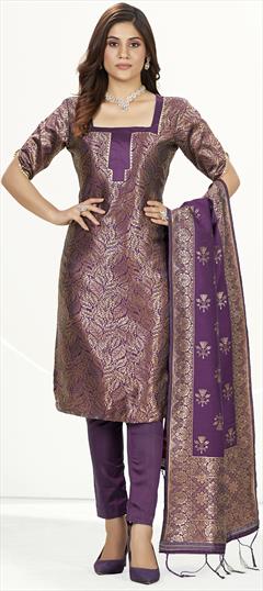 Party Wear Purple and Violet color Salwar Kameez in Banarasi Silk fabric with Straight Weaving work : 1899658