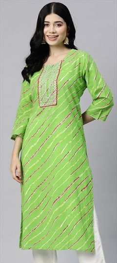 Festive, Summer Green color Kurti in Cotton fabric with Long Sleeve, Straight Embroidered, Lehariya, Printed, Thread, Zari work : 1899659