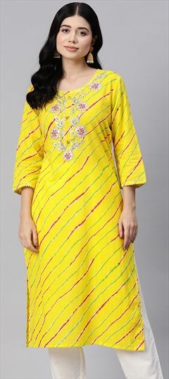 Festive, Summer Yellow color Kurti in Cotton fabric with Long Sleeve, Straight Gota Patti, Lehariya, Printed, Resham, Thread work : 1899662