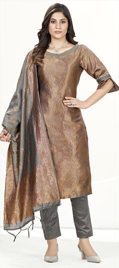 Party Wear Black and Grey color Salwar Kameez in Banarasi Silk fabric with Straight Weaving work : 1899665