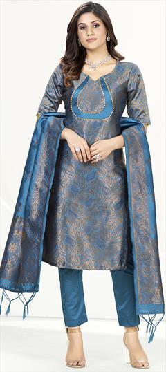 Party Wear Blue color Salwar Kameez in Banarasi Silk fabric with Straight Weaving work : 1899670
