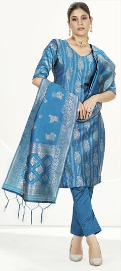 Party Wear Blue color Salwar Kameez in Banarasi Silk fabric with Straight Weaving work : 1899672