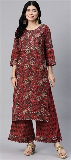 Festive, Summer Red and Maroon color Salwar Kameez in Cotton fabric with Straight Floral, Gota Patti, Printed, Zari work : 1899677