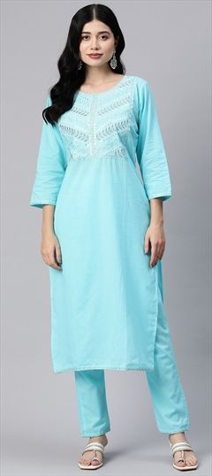 Festive, Summer Blue color Salwar Kameez in Cotton fabric with Straight Embroidered, Resham, Thread, Zari work : 1899697