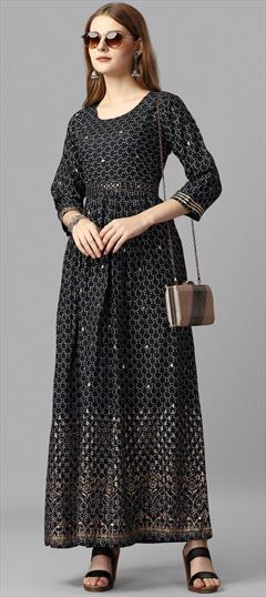 Casual Black and Grey color Kurti in Rayon fabric with Straight Printed work : 1899709