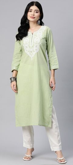 Casual, Summer Green color Salwar Kameez in Cotton fabric with Straight Embroidered, Resham, Thread work : 1899710