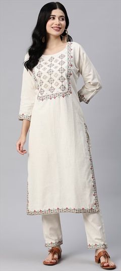 Festive, Summer White and Off White color Salwar Kameez in Cotton fabric with Straight Embroidered, Resham, Thread, Zari work : 1899717