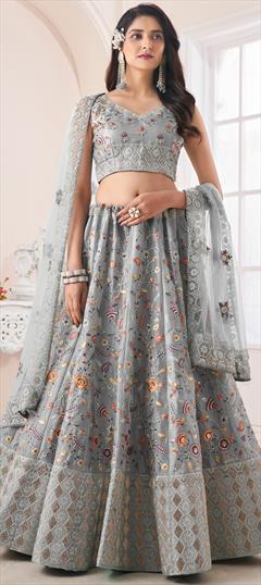 Designer, Party Wear, Reception Black and Grey color Lehenga in Art Silk fabric with Flared Thread, Zircon work : 1899799
