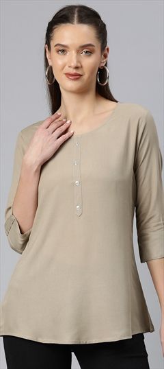 Casual, Summer Beige and Brown color Tops and Shirts in Cotton fabric with Thread work : 1899810