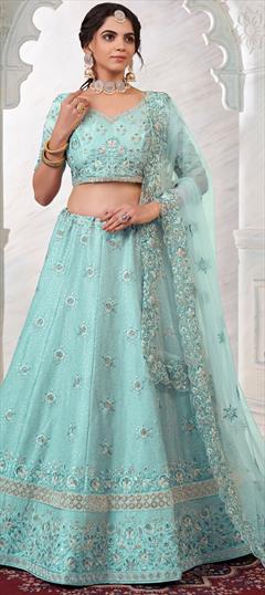 Designer, Party Wear, Reception Blue color Lehenga in Art Silk fabric with Flared Sequence, Thread work : 1899844