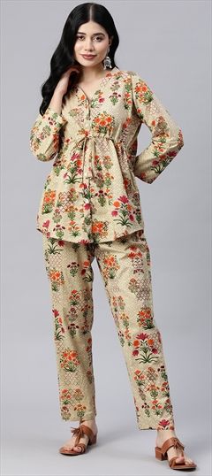 Casual, Summer Beige and Brown color Co-ords Set in Cotton fabric with Floral, Printed work : 1899854