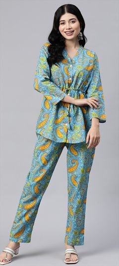 Casual, Summer Blue color Co-ords Set in Cotton fabric with Printed work : 1899857
