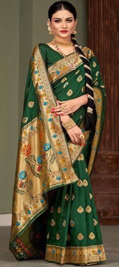 Reception, Traditional, Wedding Green color Saree in Silk fabric with South Weaving, Zari work : 1899903