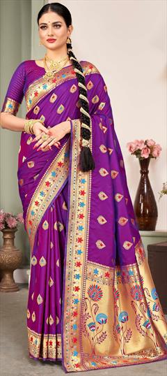 Reception, Traditional, Wedding Purple and Violet color Saree in Silk fabric with South Weaving, Zari work : 1899908
