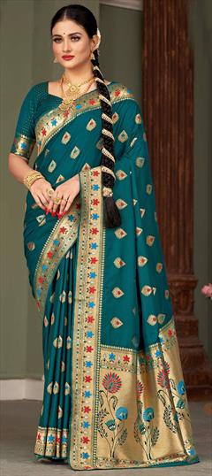 Reception, Traditional, Wedding Blue color Saree in Silk fabric with South Weaving, Zari work : 1899910