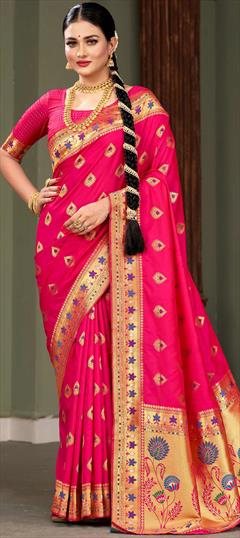 Reception, Traditional, Wedding Pink and Majenta color Saree in Silk fabric with South Weaving, Zari work : 1899911