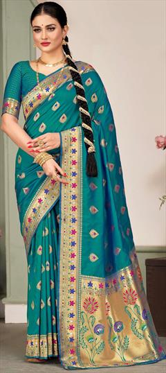 Reception, Traditional, Wedding Blue color Saree in Silk fabric with South Weaving, Zari work : 1899914