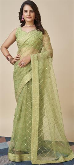 Festive, Reception Green color Saree in Net fabric with Classic Border, Sequence, Thread, Zari work : 1900041